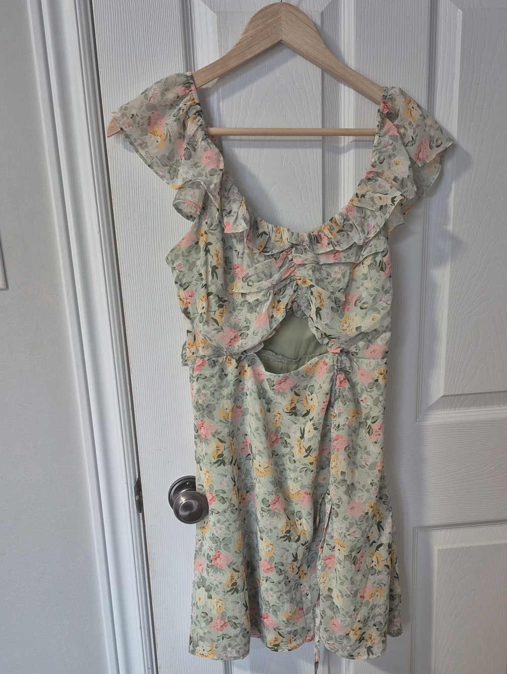Beautiful Floral Ruffle Cutout Dress in Pastel Shades Of Green Pink And Yellow